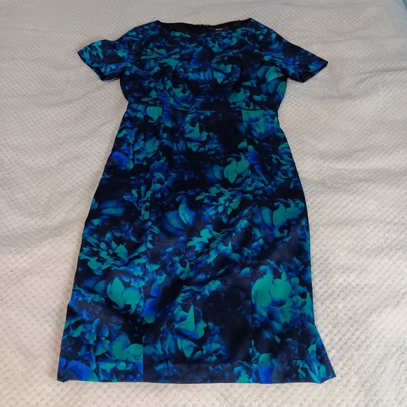 TAHARI  Dark Floral Black Blue And Teal Back Zip Satin Fully Lined‎ Dress Size 8 - Picture 1 of 13